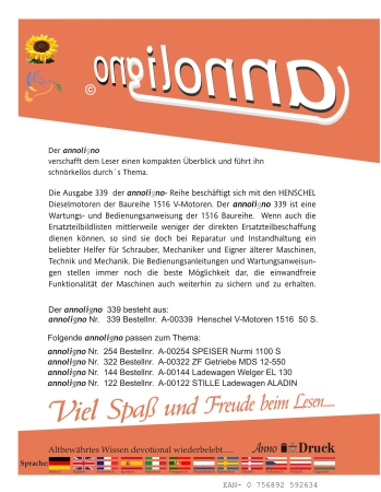 Henschel AG Motoren Baureihe 1516 V-Motoren Bild- Bedienungsanleitung & Wartungsanleitung  - annoligno 339 -